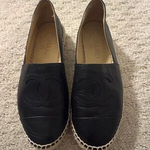 CHANEL Black Leather Espadrilles
